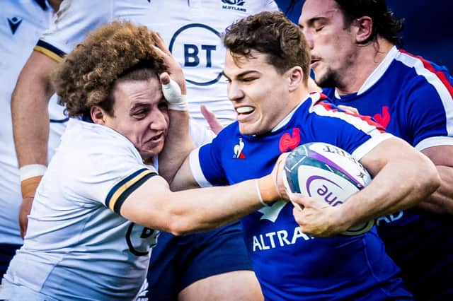Scotland v France was hard-fought, as Duncan Weir and Antoine Dupont show, but there was little attacking imagination on display. Picture: Ross Parker / SNS