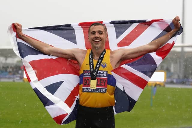 Neil Gourley celebrates winning the men's 1500m final during day two of the UK Athletics Championships at a rainy Manchester.