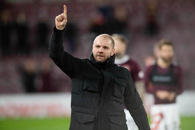 Robbie Neilson celebrates with the Hearts fans after the 5-0 win over Aberdeen at Tynecastle.
