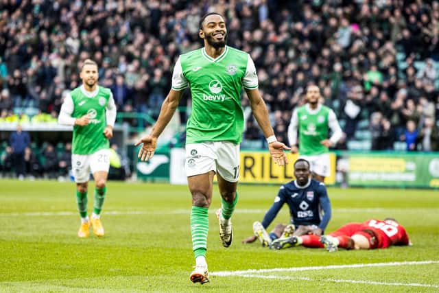 Hibernian's Myziane Maolida celebrates as he scores to make it 1-0 over Ross County at Easter Road. (Photo by Ross Parker / SNS Group)