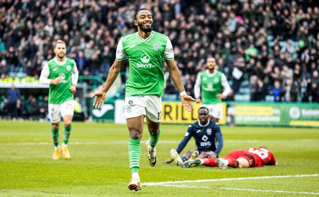 Hibernian's Myziane Maolida celebrates as he scores to make it 1-0 over Ross County at Easter Road. (Photo by Ross Parker / SNS Group)
