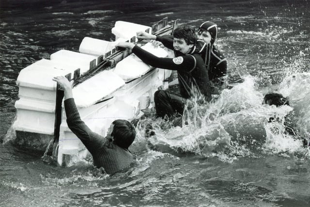 Over they go! Sheffield University Rag week raft race 1986