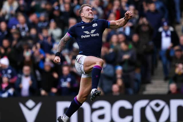 Scotland captain Stuart Hogg celebrates his record-breaking first half try during the Autumn Nations Series win over Japan (Photo by Craig Williamson / SNS Group)
