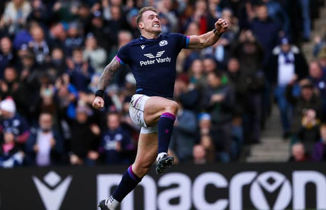 Scotland captain Stuart Hogg celebrates his record-breaking first half try during the Autumn Nations Series win over Japan  (Photo by Craig Williamson / SNS Group)