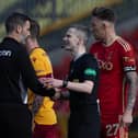 Motherwell manager Stuart Kettlewell makes his point to referee Craig Napier following the 1-0 defeat to Aberdeen at Pittodrie. (Photo by Craig Williamson / SNS Group)