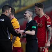 Motherwell manager Stuart Kettlewell makes his point to referee Craig Napier following the 1-0 defeat to Aberdeen at Pittodrie. (Photo by Craig Williamson / SNS Group)