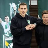 Paul Hanlon (L) and Lewis Stevenson are to depart Hibs at the end of the season.