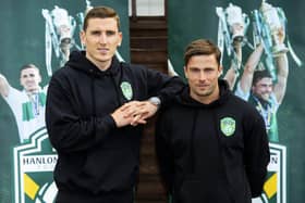 Paul Hanlon (L) and Lewis Stevenson are to depart Hibs at the end of the season.