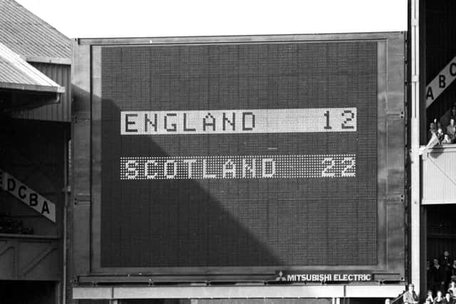The scoreboard shows Scotland have won the 1983 Calcutta Cup by beating England 22-12, the last time the Scots won at Twickenham. Picture: Hamish Campbell