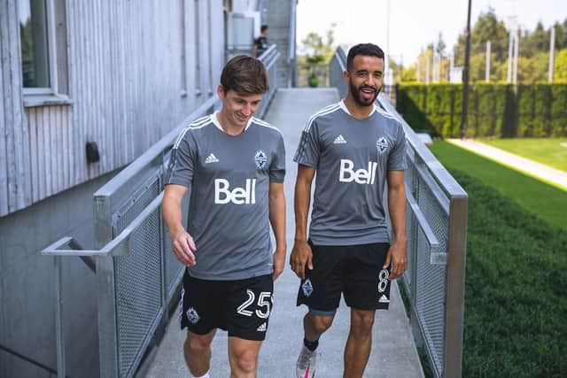 Gauld with new team-mate Caio Alexandre. Picture: Jonathan Hair/Vancouver Whitecaps