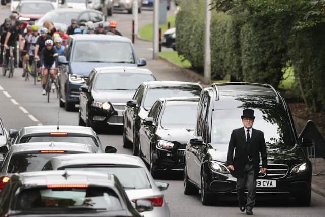 The funeral procession for Rab Wardell arriving at Dunfermline Crematorium