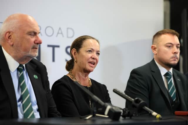 Late Hibs owner Ron Gordon's widow Kit is flanked by Easter Road chairman Malcolm McPherson (left) and chief executive Ben Kensell (right) at the club's agm last Tuesday (Photo by Ewan Bootman / SNS Group)