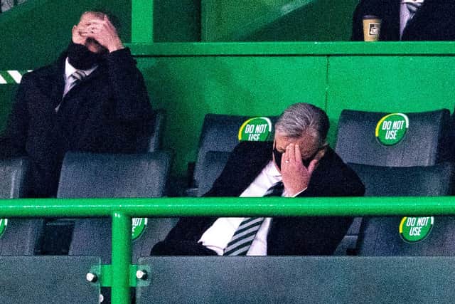 Celtic chief executive Peter Lawwell can't look during the League Cup loss to Ros County but now must look at the action required over Neil Lennon's postion (Photo by Craig Foy / SNS Group)