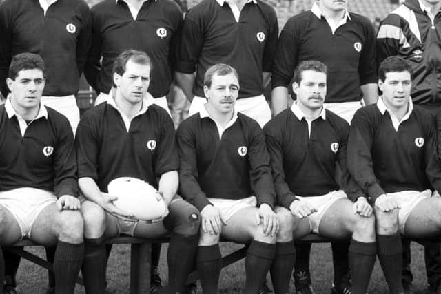 Gavin Hastings, Gary Callander,  Roy Laidlaw, Matt Duncan and Scott Hastings   before the Wales v Scotland Five Nations international rugby match at Cardiff Arms Park, February 1988. Final score 25-20 to Wales.