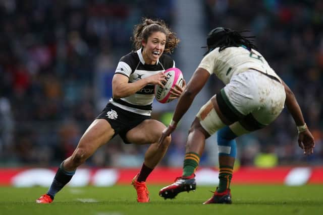 Rhona Lloyd of Barbarians runs with the ball during the Killik Cup match. (Photo by Steve Bardens/Getty Images for Barbarians)