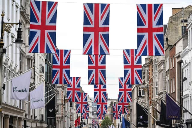 A view of Bond Street as it is decorated with 247 Union flags to celebrate King Charles III's Coronation.