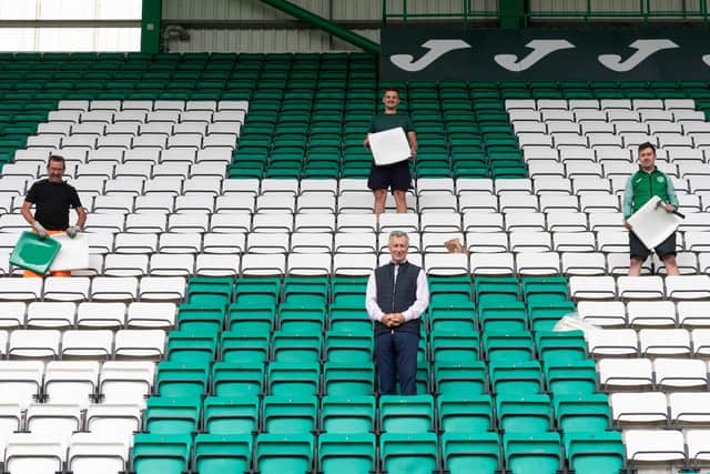 Hibs chairman Ron Gordon at Easter Road for the latest stage of the stadium refresh which includes the introduction of an HFC pattern on the seats in the East Stand. Photo by Mark Scates / SNS Group