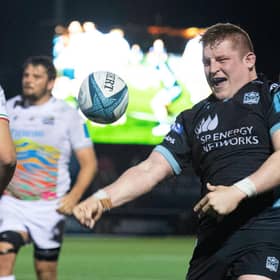 Glasgow Warriors' Johnny Matthews celebrates his third try in the win over Zebre at Scotstoun. (Photo by Ross MacDonald / SNS Group)