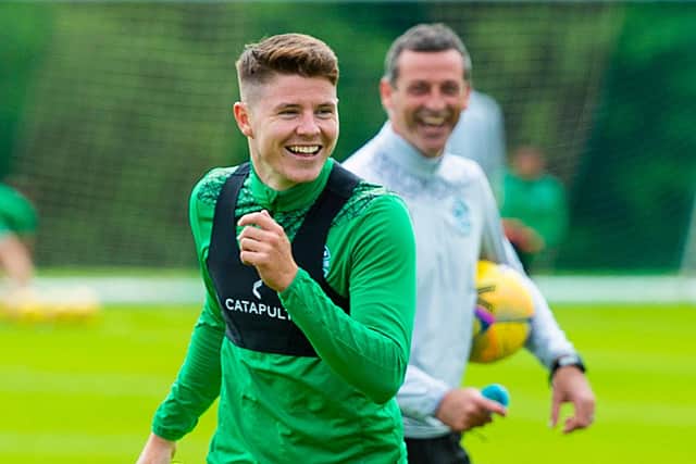 All smiles from Hibs' Kevin Nisbet, who was named in the latest Scotland squad, and club manager Jack Ross. Photo by Mark Scates / SNS Group