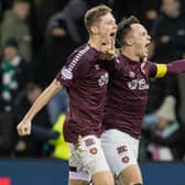 Hearts' Lawrence Shankland celebrates with Frankie Kent after making it 1-0 against Hibs at Easter Road. Photo by Alan Harvey / SNS Group