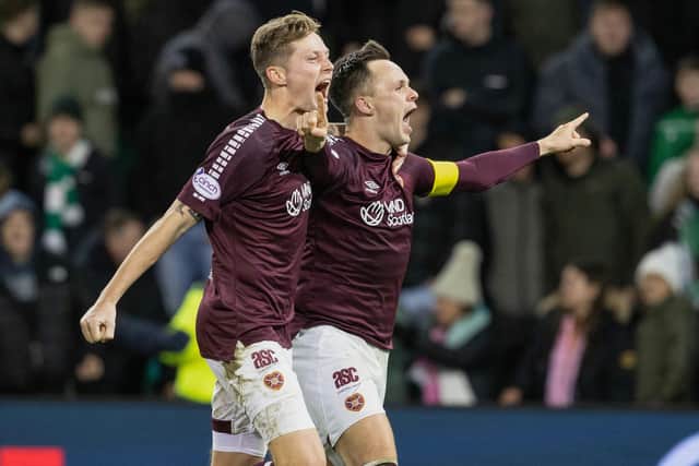 Hearts' Lawrence Shankland celebrates with Frankie Kent after making it 1-0 against Hibs at Easter Road. Photo by Alan Harvey / SNS Group