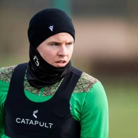 Kevin Nisbet, whose proposed switch to Birmingham City failed to materialise, trained with his Hibs team-mates ahead of their Tuesday night league match against St Mirren. Photo by Mark Scates / SNS Group