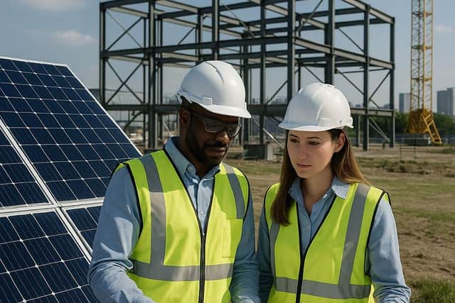 Engineers review structural blueprints beside solar panels as a drone surveys the site—visualising Exactus Energy’s 10‑year milestone and its new leap into civil and structural engineering.