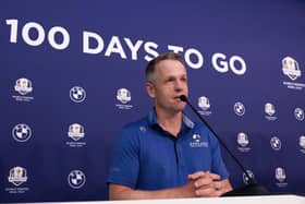 European captain Luke Donald speaks at a press conference in Munich to mark 100 days to go to the Ryder Cup in Rome. Picture: Stefan Heigl