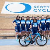 The 2024 Alba RT squad from left: Vicky Smith, Millie Skinner, Keira Bond, Beth Morrow, Eilidh Shaw, Daisy Barnes, Amelia Tyler, and Abi Plowman, with Arianne Holland holding the bike. (Bob Lyons)