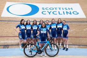 The 2024 Alba RT squad from left: Vicky Smith, Millie Skinner, Keira Bond, Beth Morrow, Eilidh Shaw, Daisy Barnes, Amelia Tyler, and Abi Plowman, with Arianne Holland holding the bike. (Bob Lyons)