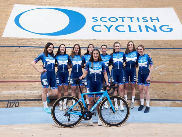 The 2024 Alba RT squad from left: Vicky Smith, Millie Skinner, Keira Bond, Beth Morrow, Eilidh Shaw, Daisy Barnes, Amelia Tyler, and Abi Plowman, with Arianne Holland holding the bike. (Bob Lyons)