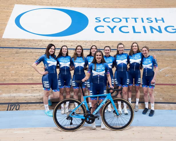 The 2024 Alba RT squad from left: Vicky Smith, Millie Skinner, Keira Bond, Beth Morrow, Eilidh Shaw, Daisy Barnes, Amelia Tyler, and Abi Plowman, with Arianne Holland holding the bike. (Bob Lyons)