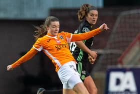 CUMBERNAULD, SCOTLAND - OCTOBER 17: Clare Shine in action for Glasgow City during a Scottish Women's Premier League match between Glasgow City and Celtic, on October 18, 2020, in Cumbernauld, Scotland (Photo by Ross MacDonald / SNS Group)