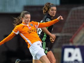 CUMBERNAULD, SCOTLAND - OCTOBER 17: Clare Shine in action for Glasgow City during a Scottish Women's Premier League match between Glasgow City and Celtic, on October 18, 2020, in Cumbernauld, Scotland (Photo by Ross MacDonald / SNS Group)