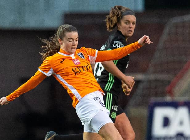CUMBERNAULD, SCOTLAND - OCTOBER 17: Clare Shine in action for Glasgow City during a Scottish Women's Premier League match between Glasgow City and Celtic, on October 18, 2020, in Cumbernauld, Scotland (Photo by Ross MacDonald / SNS Group)