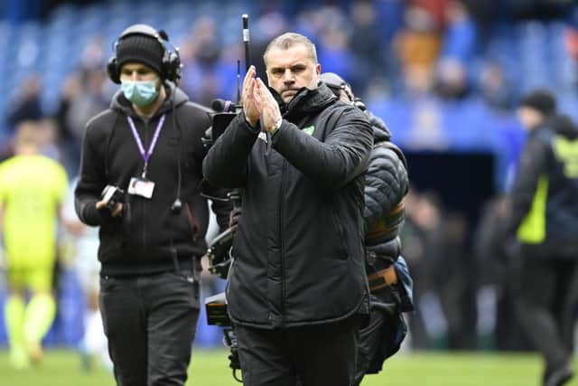 Celtic manager Ange Postecoglou applauds his supporters after the 2-1 win over Rangers.