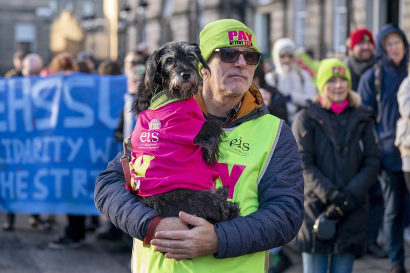 Members of the EIS demonstrate outside Bute House. Teachers are demanding 10%, with the EIS scheduled to begin a rolling programme of strike action next week which will see members walk out in two council areas a day over a 16-day period.