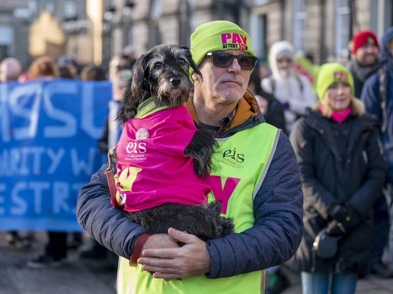 Members of the EIS demonstrate outside Bute House. Teachers are demanding 10%, with the EIS scheduled to begin a rolling programme of strike action next week which will see members walk out in two council areas a day over a 16-day period.