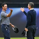 Billy Horschel, left, and Justin Rose shake hands after finishing their third round together in the 152nd Open at Royal Troon. Picture: Paul Ellis/AFP via Getty Images.