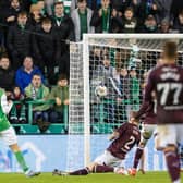 Dylan Vente missed this chance for Hibs in the 1-0 defeat by Hearts.