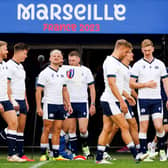 Scotland's wing Darcy Graham (C) and his teammates attend a training session at the Velodrome stadium in Marseille, on September 8, 2023, two days before the France 2023 Rugby World Cup match between South Africa and Scotland. (Photo by CLEMENT MAHOUDEAU / AFP) (Photo by CLEMENT MAHOUDEAU/AFP via Getty Images)