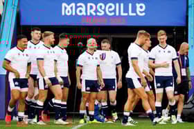 Scotland's wing Darcy Graham (C) and his teammates attend a training session at the Velodrome stadium in Marseille, on September 8, 2023, two days before the France 2023 Rugby World Cup match between South Africa and Scotland. (Photo by CLEMENT MAHOUDEAU / AFP) (Photo by CLEMENT MAHOUDEAU/AFP via Getty Images)