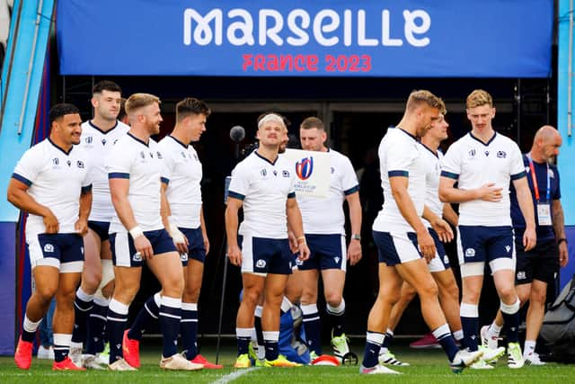 Scotland's wing Darcy Graham (C) and his teammates attend a training session at the Velodrome stadium in Marseille, on September 8, 2023, two days before the France 2023 Rugby World Cup match between South Africa and Scotland. (Photo by CLEMENT MAHOUDEAU / AFP) (Photo by CLEMENT MAHOUDEAU/AFP via Getty Images)