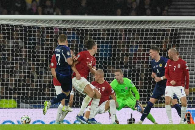 Stuart Armstrong finds the bottom corner to put Scotland 3-2 in front against Norwy at Hampden. (Photo by Craig Williamson / SNS Group)