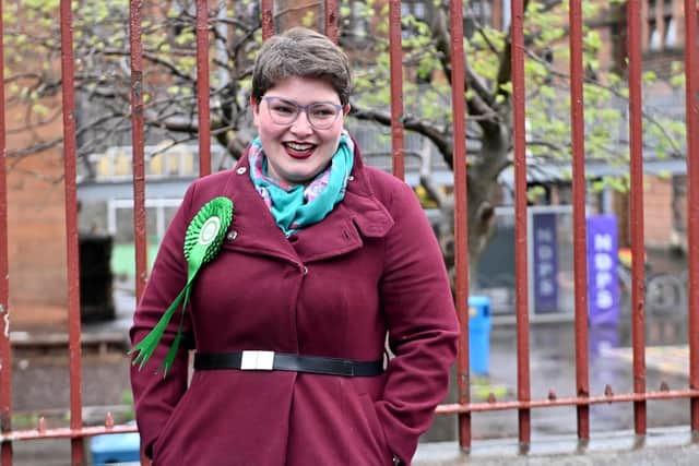 Kim Long outside a polling station in Glasgow (Photo: John Devlin).