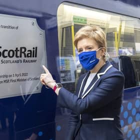 First Minister of Scotland Nicola Sturgeon unveils a specially branded train at Glasgow Queen Street Station on the day ScotRail transferred from Dutch firm Abellio into public ownership.