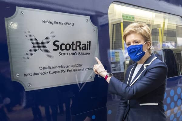 First Minister of Scotland Nicola Sturgeon unveils a specially branded train at Glasgow Queen Street Station on the day ScotRail transferred from Dutch firm Abellio into public ownership.