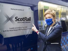 First Minister of Scotland Nicola Sturgeon unveils a specially branded train at Glasgow Queen Street Station on the day ScotRail transferred from Dutch firm Abellio into public ownership.