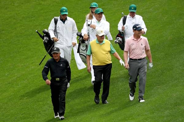 Tom Watson, right, is pictured playing in the Par 3 Contest prior to the start of the 2018 Masters and the two-time winner at Augusta National is now joining that duo as an Honorary Starter for the season's opening major in April. Picture: Patrick Smith/Getty Images.