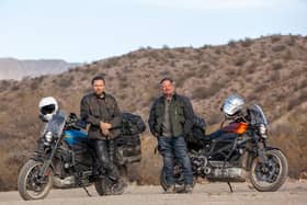 The pair will be riding on electric Harley Davidson's in the new series (Apple TV)